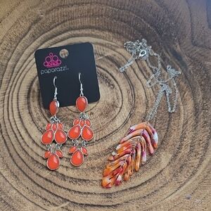 Paparazzi Orange and Silver Dangling Earrings & Leaf Style Necklace
